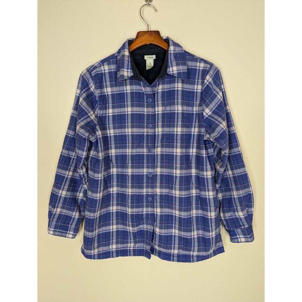 LL Bean Jacket Womens Medium Purple Plaid Gray Fleece Lined Shirt Shacket